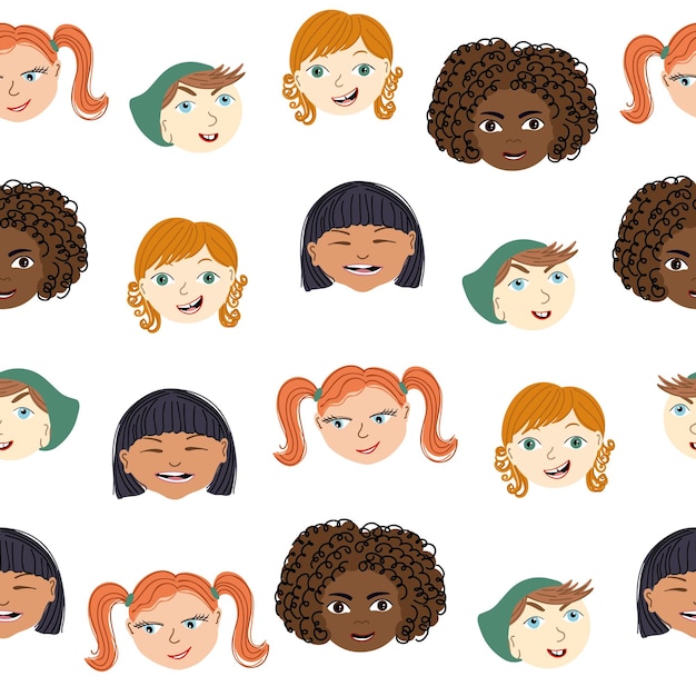 Seamless pattern with portraits of multiracial kids. Cute background with children faces.