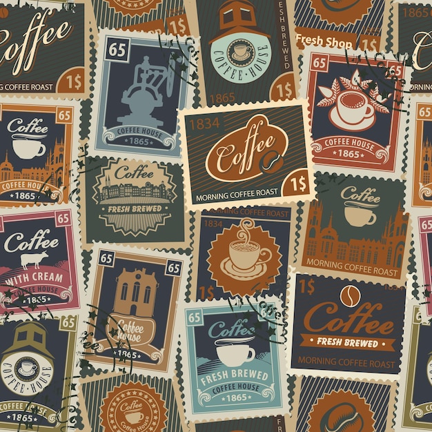 seamless pattern with postage stamps on the theme of coffee