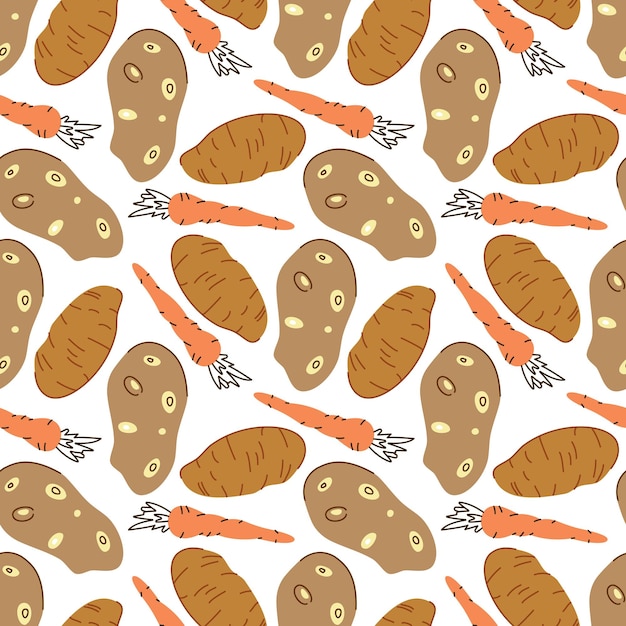 Seamless pattern with potatoes carrots on a white background Vector illustration of ingredients for food background in a flat doodle style