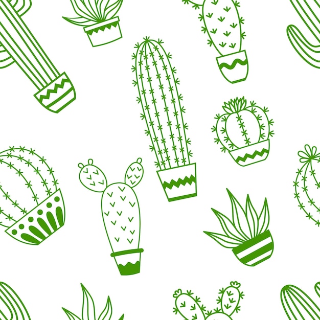 Seamless pattern with potted cactus Vector outline illustration drawings For design packaging textile background design postcards and posters