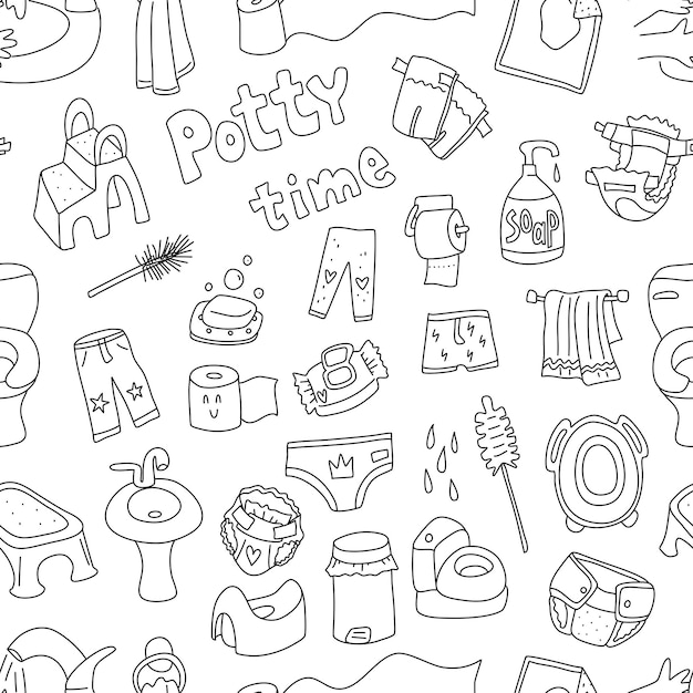 Seamless pattern with potty training elements Vector doodle outline background