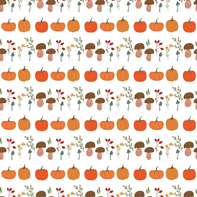 Seamless pattern with pumpkins. Autumn, flowers, leaves.