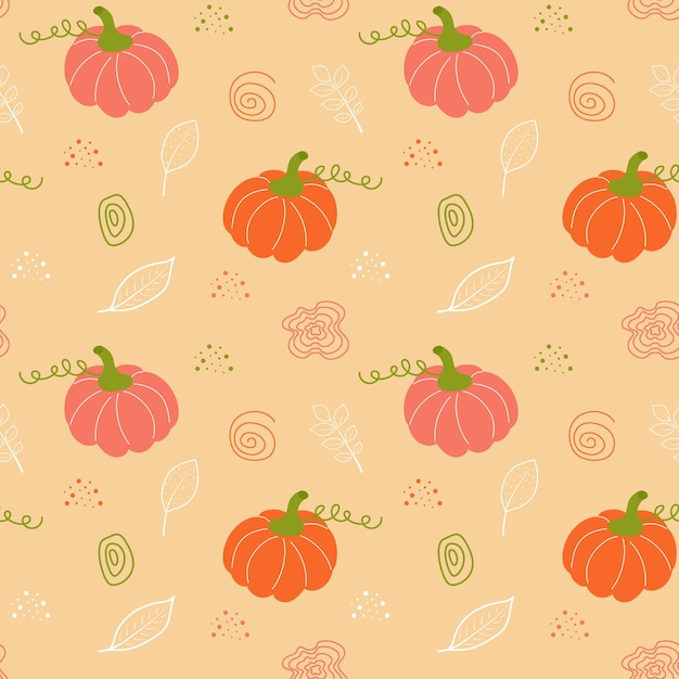 Seamless pattern with pumpkins autumn leaves and boho elements