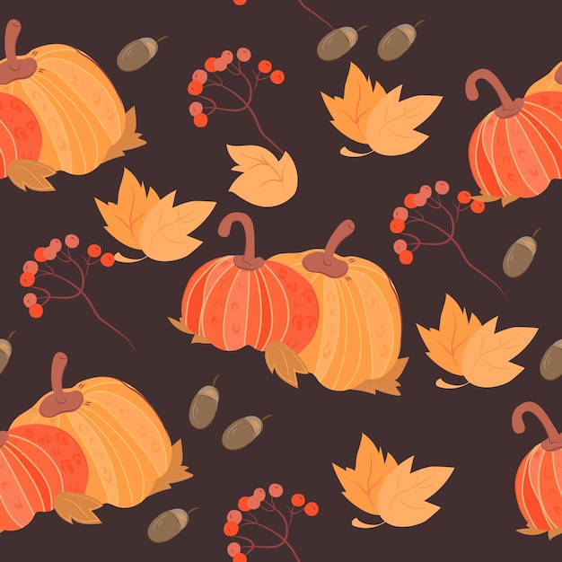 Seamless pattern with pumpkins and autumn leaves hand drawn vector illustration