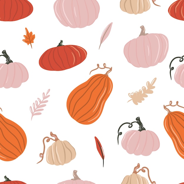 Seamless pattern with pumpkins, autumn leaves and twigs on a white background, colored pumpkins