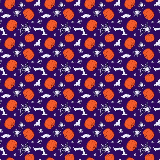 Seamless pattern with pumpkins bats and spiders on violet background Halloween party decoration Festive print for paper textile holiday and design Vector flat illustration