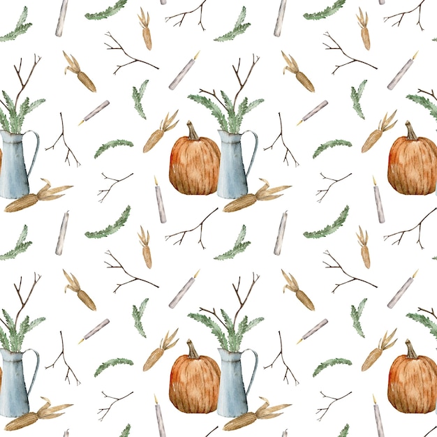 Seamless pattern with pumpkins branches candles and corns