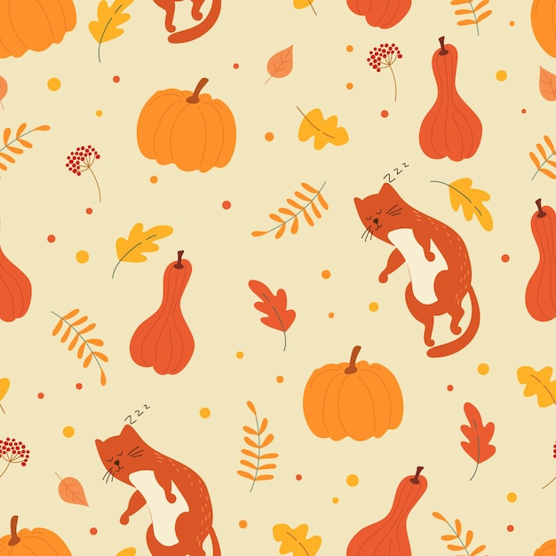 Seamless pattern with pumpkins and a cute sleeping ginger cat .Autumn cozy concept