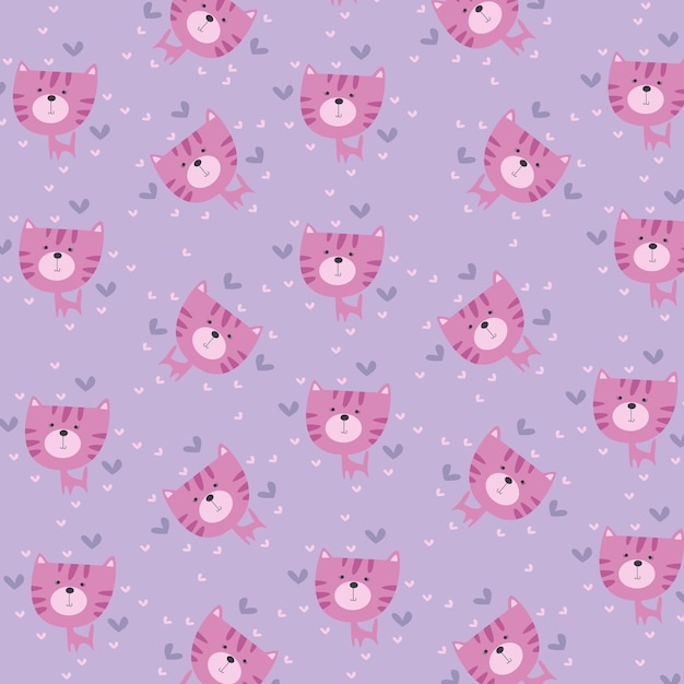 Seamless pattern with purple cute cartoon cat