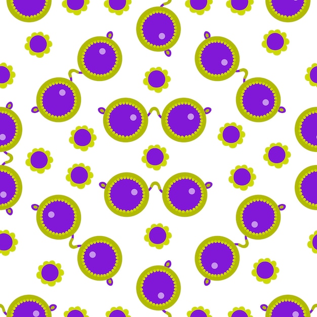 Seamless pattern with purple and yellow round sunglasses on a white background.