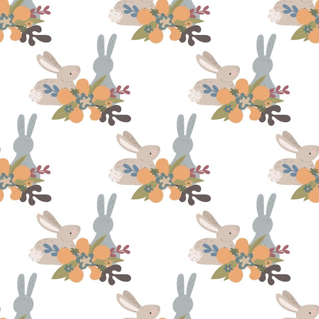 Seamless pattern with rabbits. Hare, Easter, spring, flowers. Childish cute print. Vector graphics.