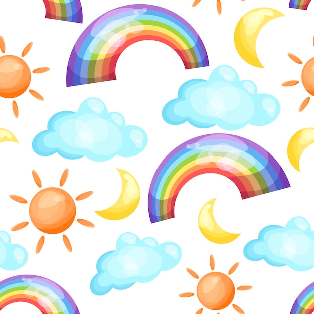 Seamless pattern with rainbow, sun, moon and clouds vector illustration.