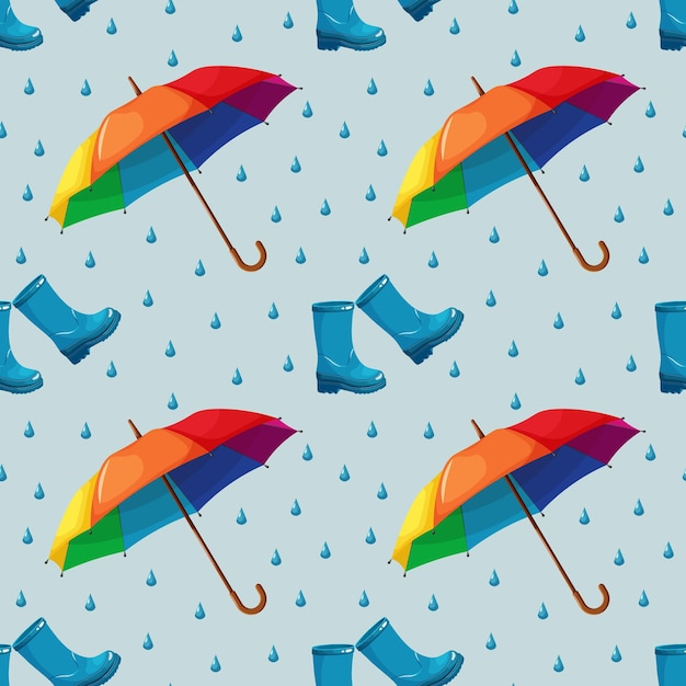 Seamless pattern with rainbow umbrella rubber boots and raindrops on blue background