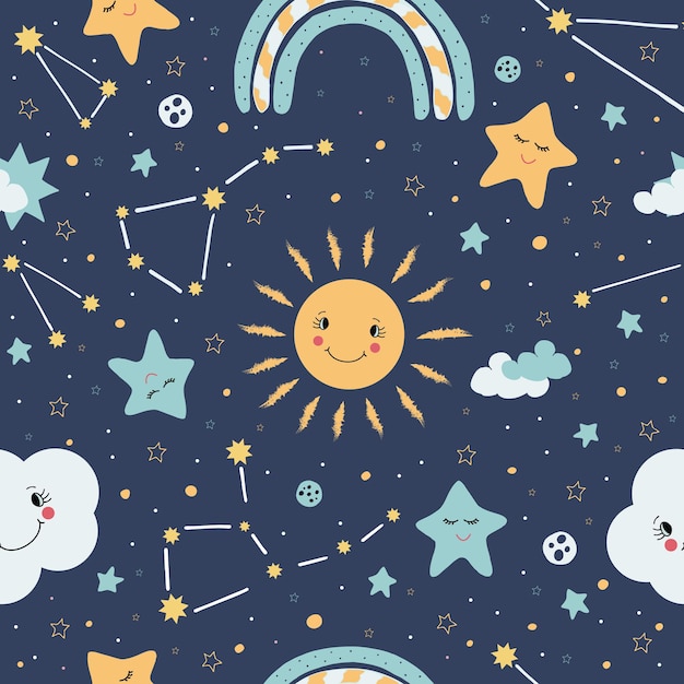 Seamless pattern with the RainbowClouds and stars on dark backgroundVector illustration in cartoon