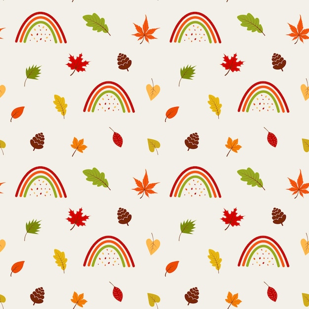 Seamless pattern with rainbows pinecones and autumn leaves