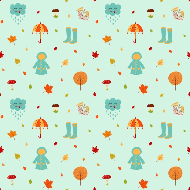 Seamless pattern with raincoat rubber boots umbrella kawaii cloud tree rowan mushrooms and leaves