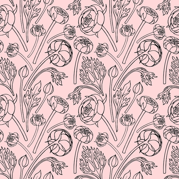 SEAMLESS PATTERN WITH RANUNCULUS FLOWERS AND BUDS IN THE VECTOR