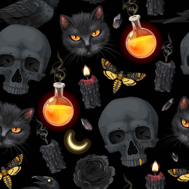 Seamless pattern with raven and human skull