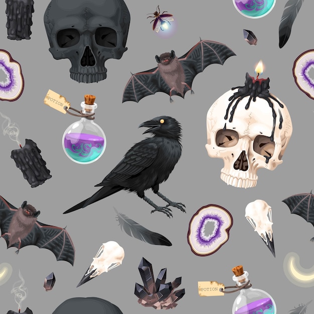 Seamless pattern with raven and human skull