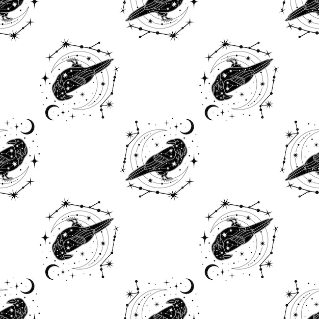 Seamless pattern with raven. Mystical pattern. Sun, stars, moon, phases of the moon. Vector.