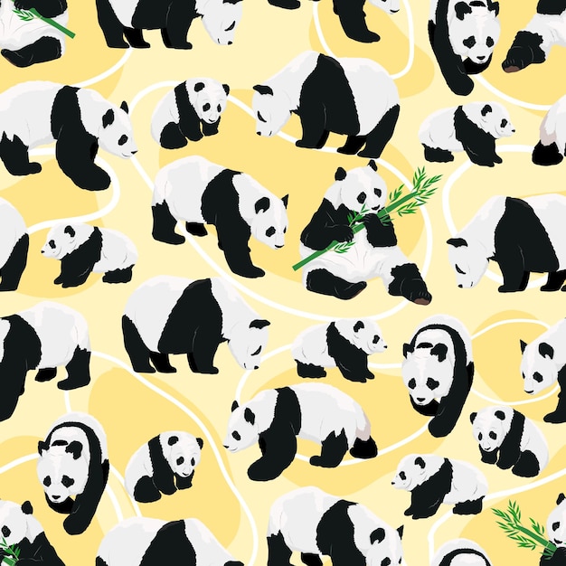 Seamless pattern with realistic adult giant pandas bears and their cubs