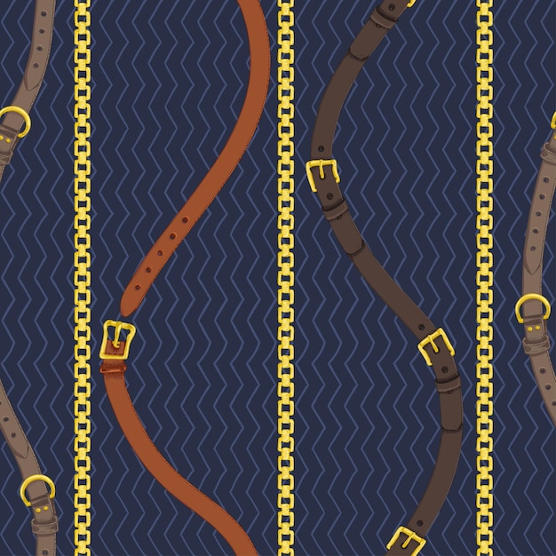 Seamless pattern with realistic hand drawn golden chains and brown leather belt Doodle sketch on dark blue background Square luxury ornament for fabric fashion design web banner