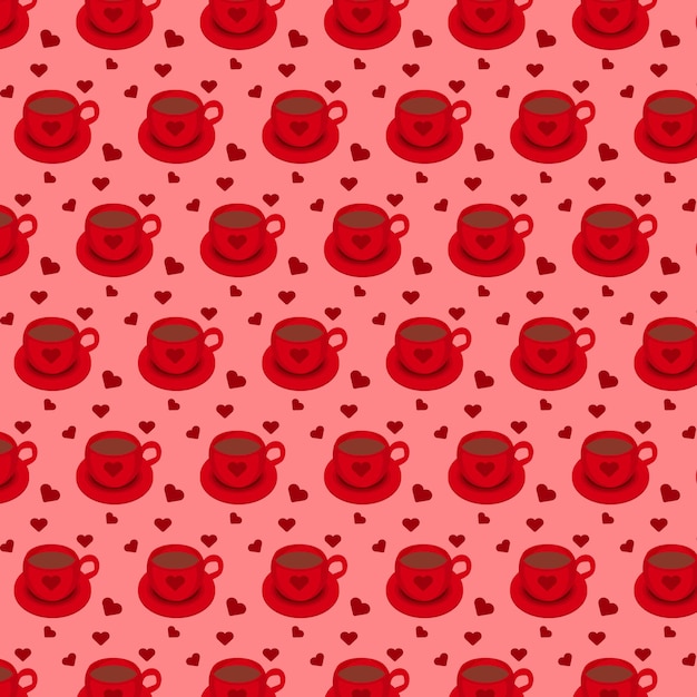 Seamless pattern with red coffee cups and hearts on a red background Vector illustration