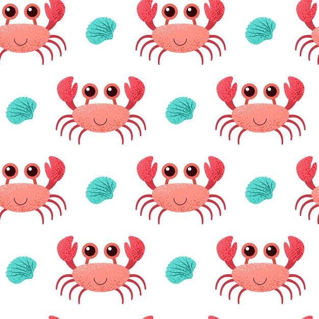 Seamless pattern with red crab and shell Cute cartoon childish print Underwater animals on white