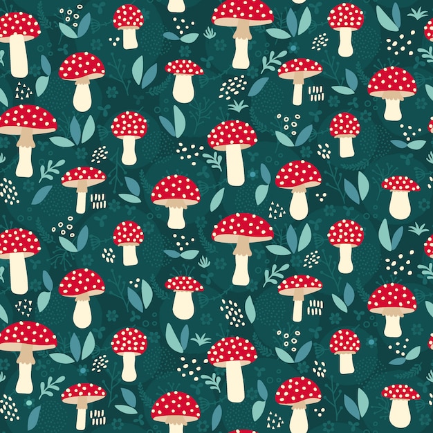 Seamless pattern with red fly agaric amanita mushrooms