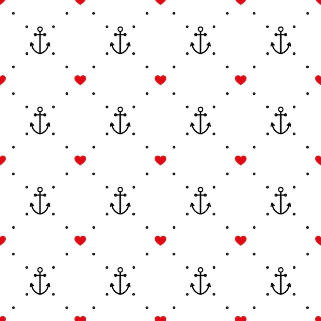 Seamless pattern with red hearts and anchors