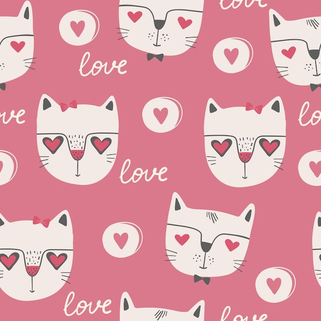 Seamless pattern with red hearts declarations of love and cats Valentine's day background with symbols of love romance and passion