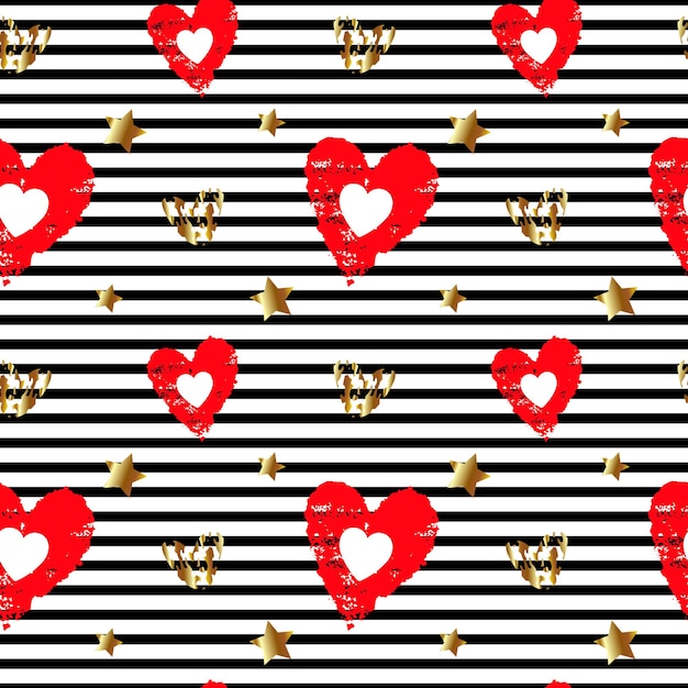 Seamless pattern with red hearts and golden stars on a striped background. vector illustration