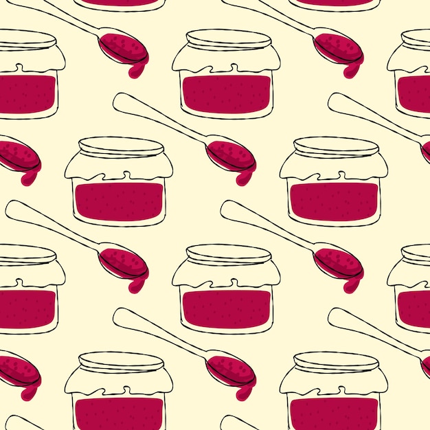 Seamless pattern with red jars of jam illustration on yellow background