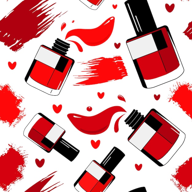 Vector seamless pattern with red nail polish and heart makeup background in flat design for design textile