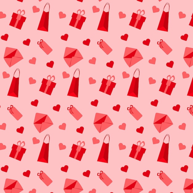 Seamless pattern with red and pink gift boxes and hearts on pink background Vector illustration