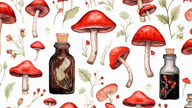 Seamless Pattern with Red Poison Bottles and Mushrooms