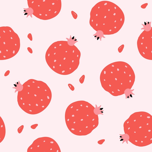 Seamless pattern with red pomegranates on pink background. Modern flat style, memphis design. Hand drawn vector illustration. Texture for print, fabric, textile, wallpaper.