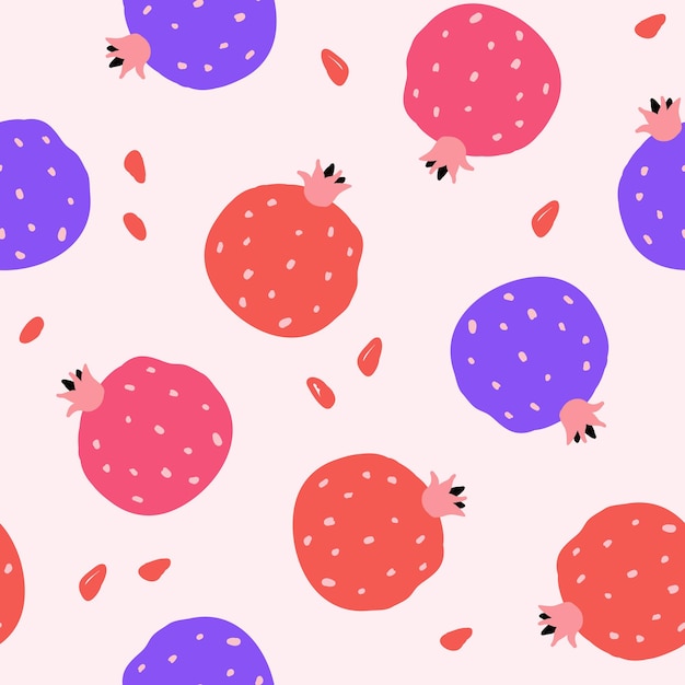 Seamless pattern with red pomegranates on pink background. Modern flat style, memphis design. Hand drawn vector illustration. Texture for print, fabric, textile, wallpaper