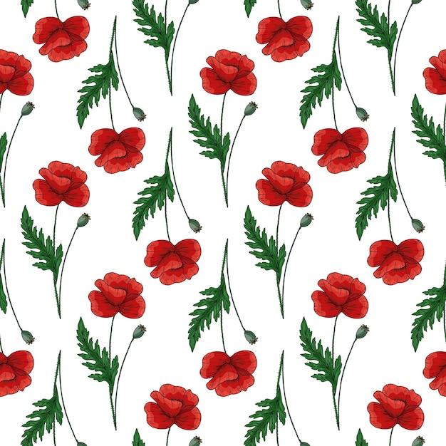 Seamless pattern with red poppy flowers and green leaves Papaver Ornate elegant summer background Decor for Anzac day Endless texture for textile fashion packing