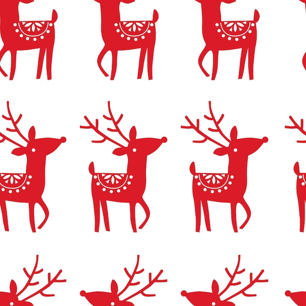 Seamless pattern with red reindeer on white background