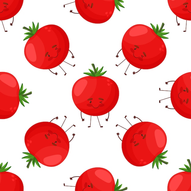 Seamless pattern with a red smiling tomato on background Funny vegetable in cartoon style