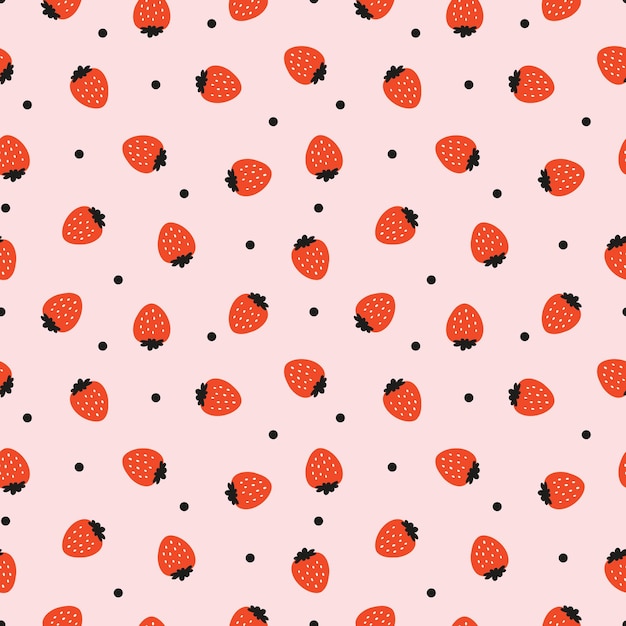 Seamless pattern with red strawberries and black dots