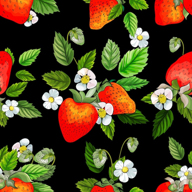 Seamless pattern with red strawberries, white flowers and green leaves on a black background.