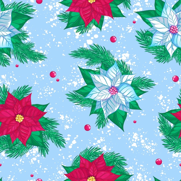 Seamless pattern with red and white poinsettia. Christmas or New Year winter