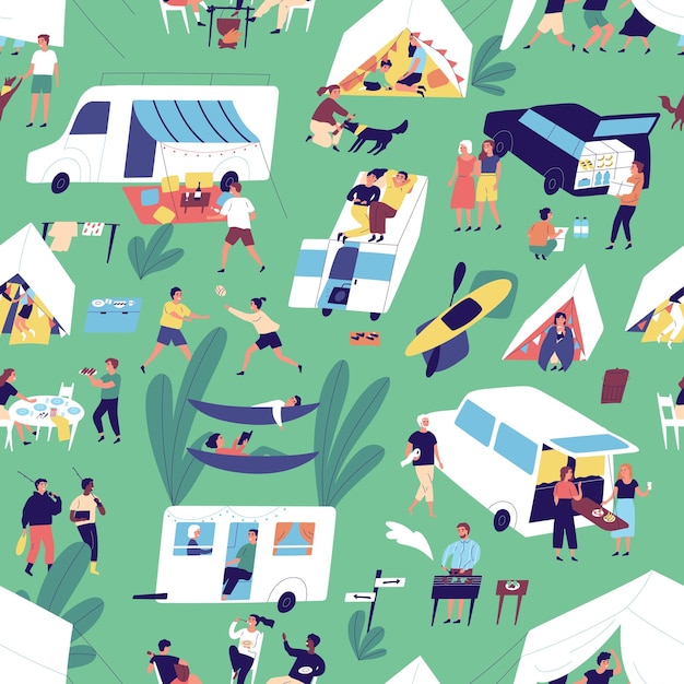 Seamless pattern with relaxing people near camper van, tents in nature outdoors. Women and men spend time together in summer camping festival, eating, lying in hammocks. Flat vector illustration.