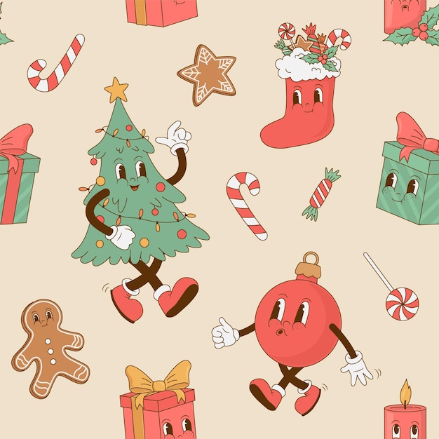 Seamless pattern with retro cartoon Christmas characters