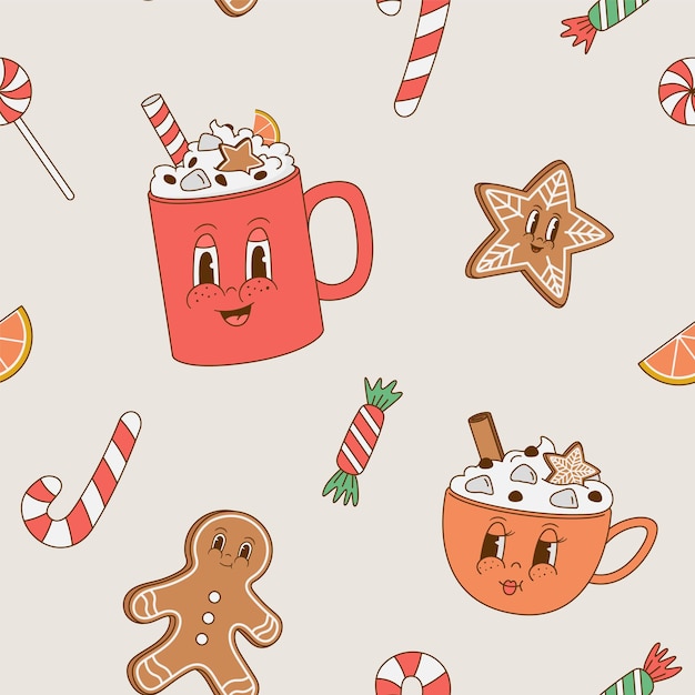 Seamless pattern with retro cartoon Christmas cup of coffee characters Cappuccino mascot