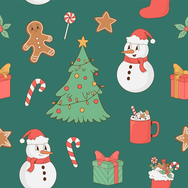 Seamless pattern with retro cartoon Christmas tree snowman gingerbread giftbox coffee cup sweets