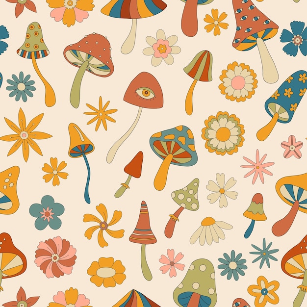 Seamless pattern with retro mushrooms and flowers Magic mushroom fly agaric daisy Retro 70s 60s