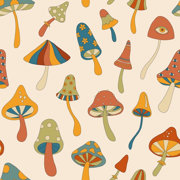 Seamless pattern with retro mushrooms Magic mushroom fly agaric Retro 70s 60s psychedelic groovy